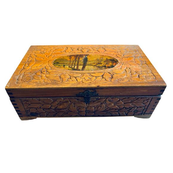 VTG Floral CARVED WOOD DOVE TAIL HINGED TRINKET JEWELRY BOX Pastoral Scene - Picture 2 of 10